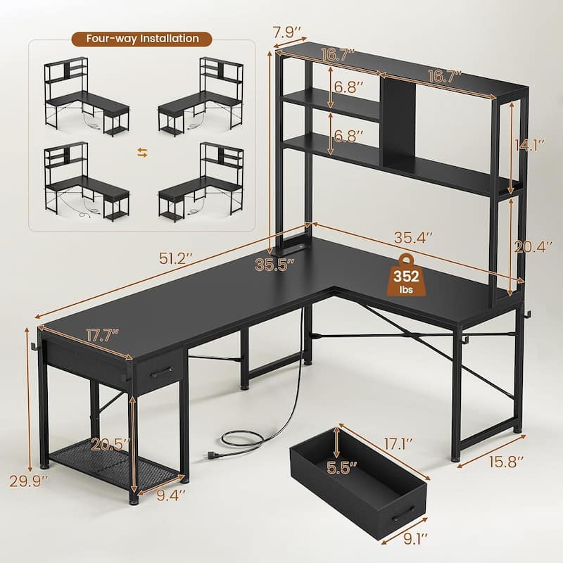 51.2" Reversible Small Corner Desk with Drawer L Shaped Gaming Desk