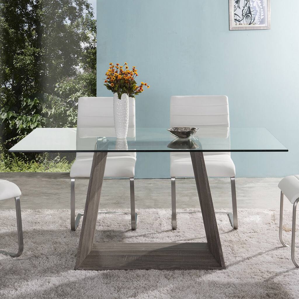 Bravo Contemporary Dining Table In Dark Sonoma Base With Clear Glass Top - Brown