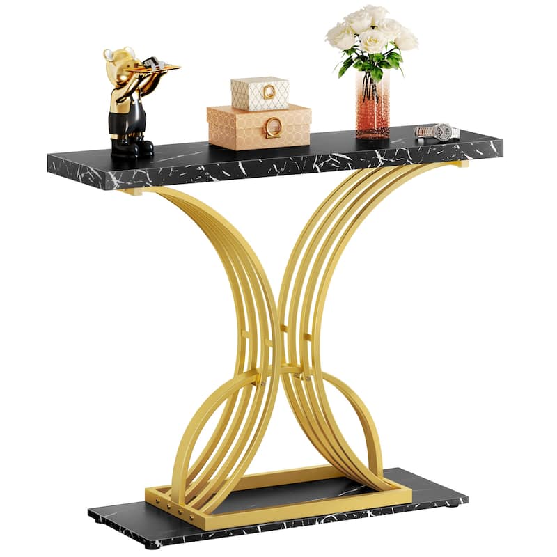 Modern Gold Console Sofa Table with Marbling Top for Entryway Hallway - Black/Gold
