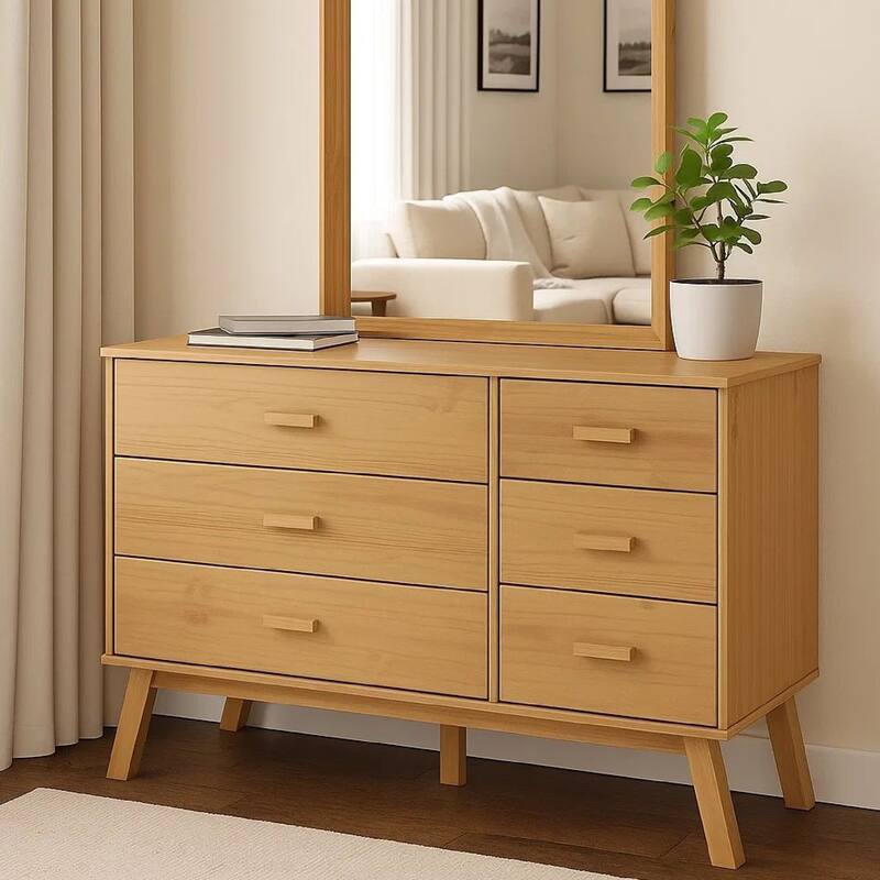 Sideboard Cabinet Dresser, 6 Drawers, Modern 44 Inch Brown Solid Wood