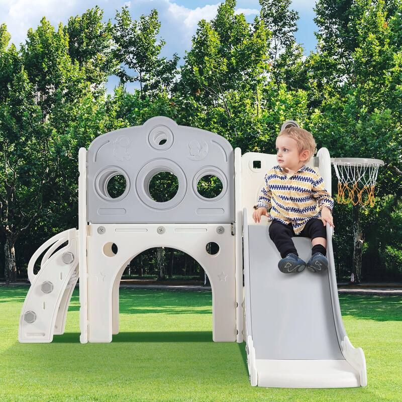7-in-1 Toddler Slide Set - Spaceship Playset with Slide, Arch Tunnel, Basketball Hoop, and Toy Storage