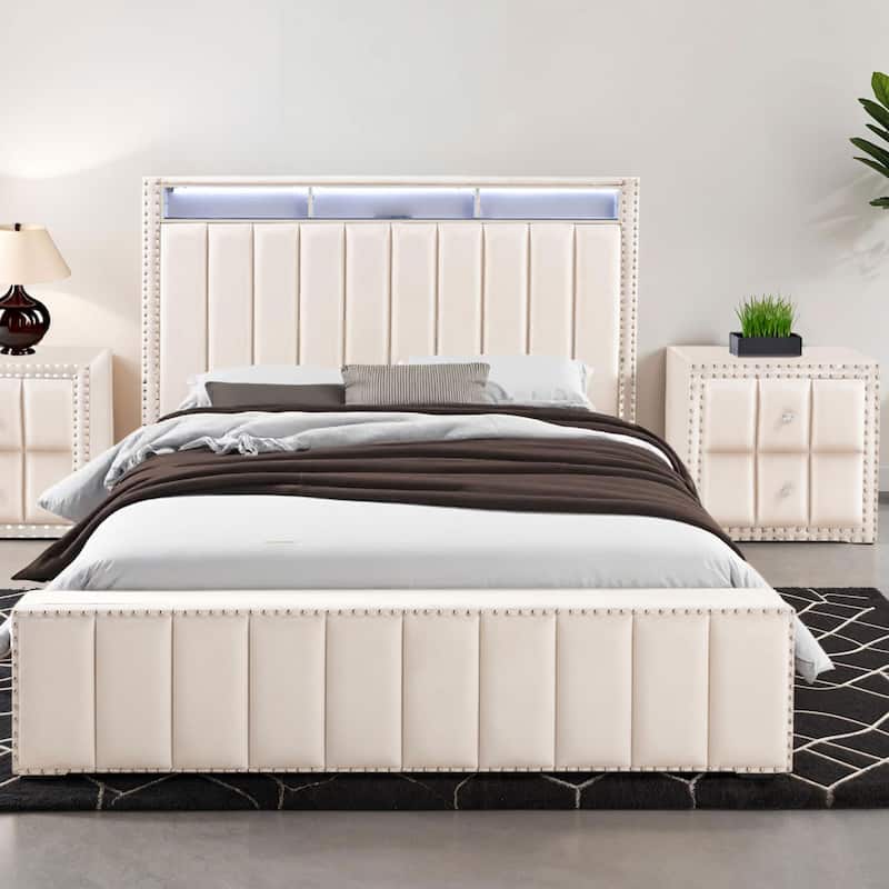 247 Shop At Home Fynor Modern 2-Piece Velvet Queen Storage Platform Bedroom Set - Beige