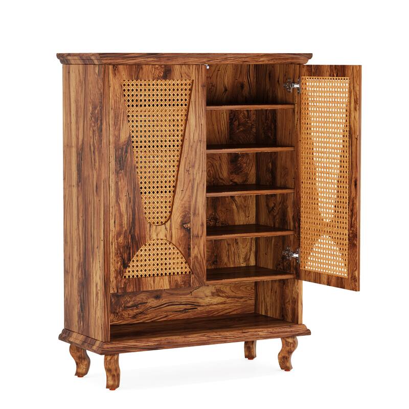 25" Modern Rattan Natural Wood Shoe Cabinet with 5-Tier