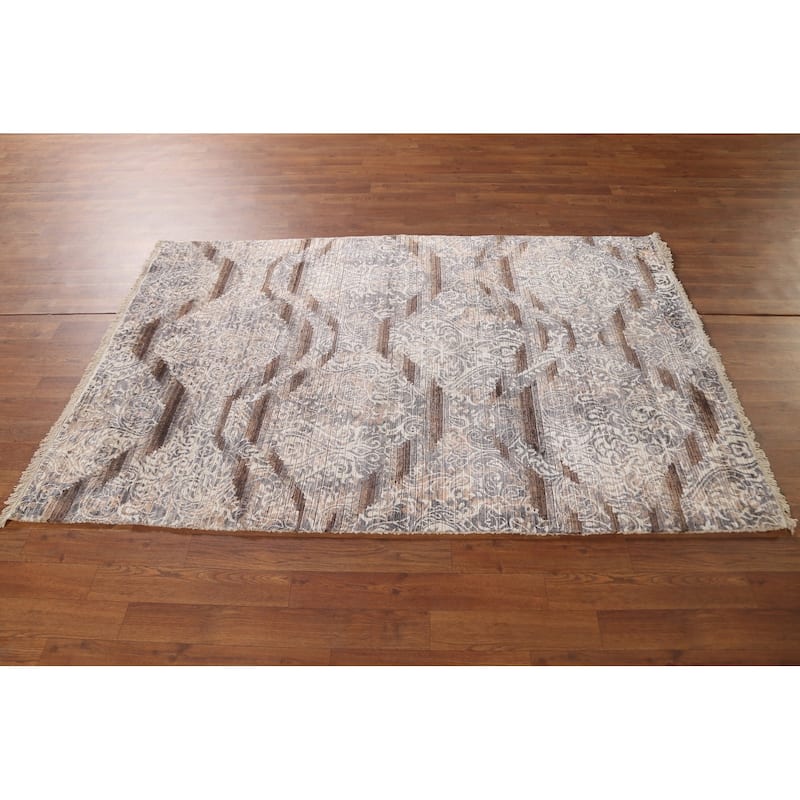 Beige Striped / Abstract Indian Area Rug Handmade Wool Carpet - 3'10"x 6'0"