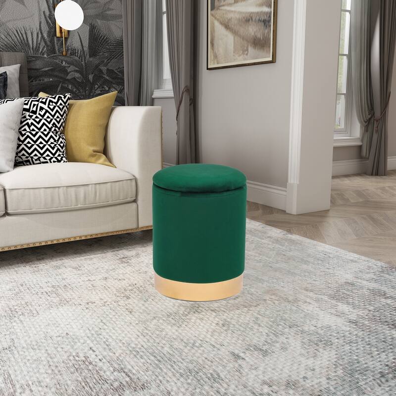 Adeco Round Storage Ottoman Footrest Stool Velvet Gold Plating Base