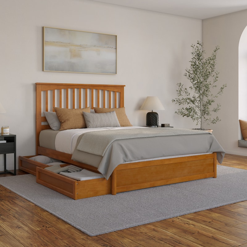 Everett Platform Bed with Panel Footboard and Storage Drawers - Light Toffee - Queen