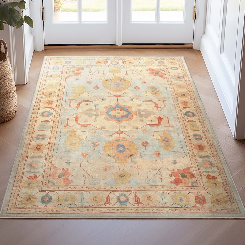 Well Woven Ushak Fethiye Vintage Medallion Pastel Flat-Weave Area Rug - 3'11" x 5'3" - Blue/Beige