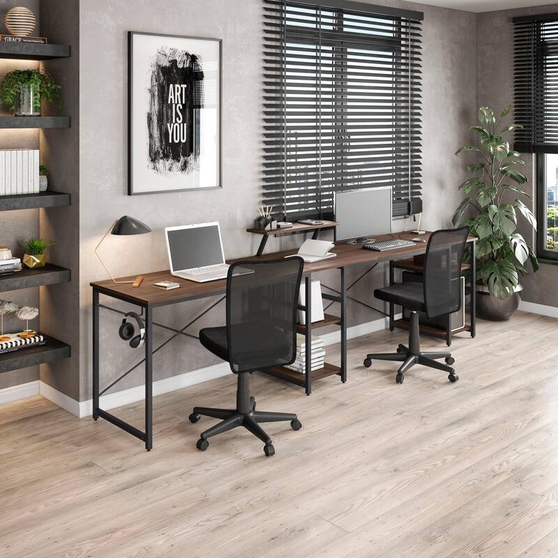 L-Shape Industrial Desk with storage shelves, Walnut - Brown