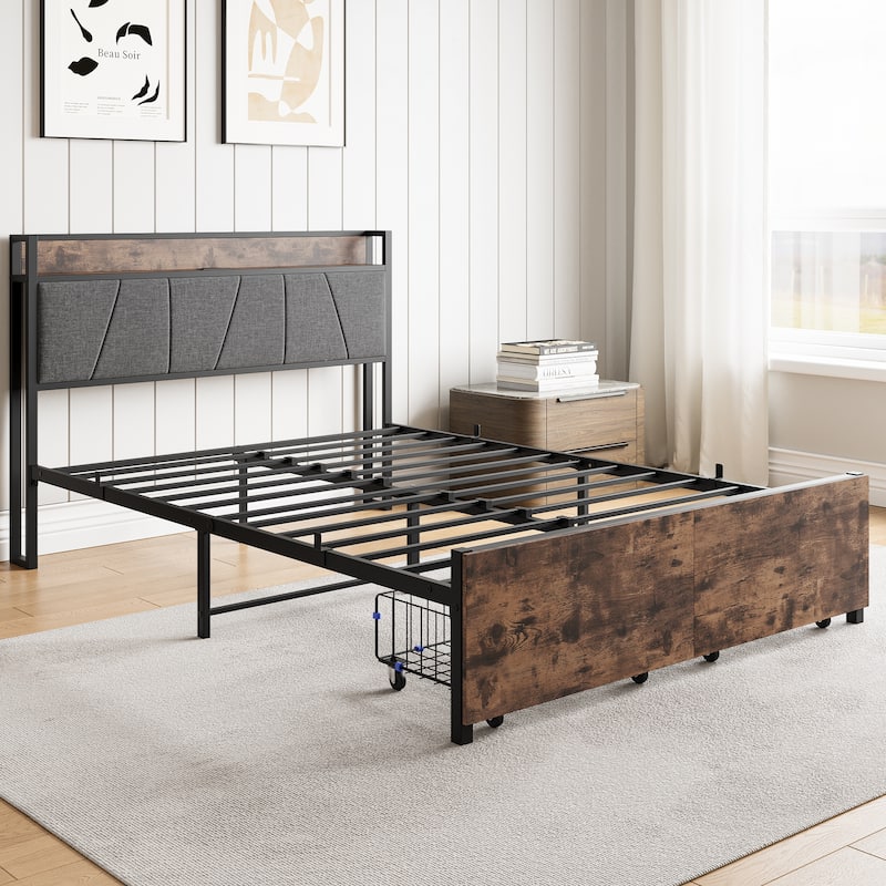 Bed Frame, Storage Headboard with Charging Station and 2 Storage Drawers