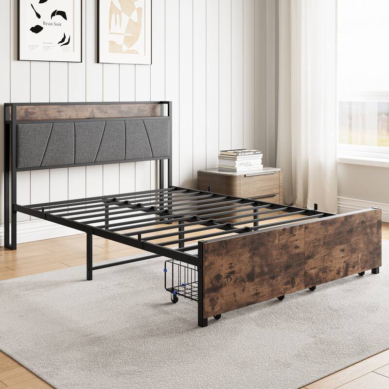 Rustic Style Metal Platform Bed Frame with 2 Drawers & Charging Station