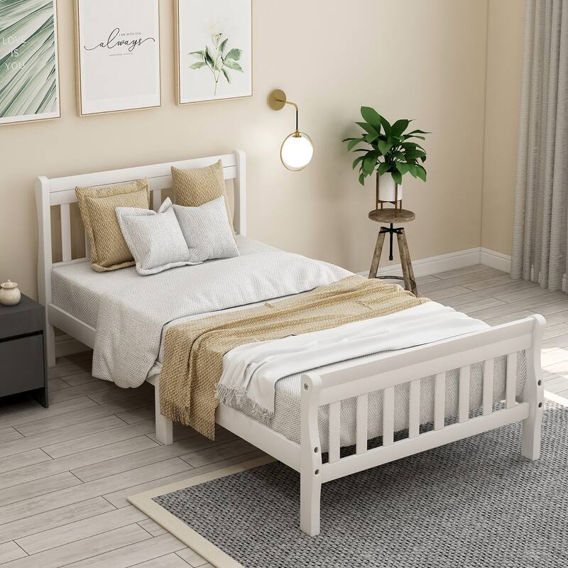 Twin Size Platform Bed Solid Wood Sleigh Bed Frame with Hollow Designed Headboard, Footboard and Wood Slat Support