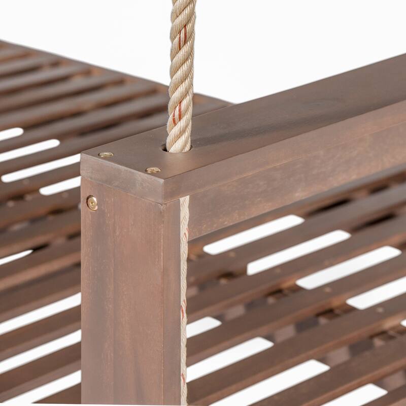 Twin Size Wooden Porch Swing Daybed - Outdoor Hanging Rope Swing with 600lb Weight Capacity for Patio, Garden, Backyard