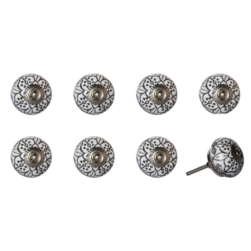 Set of 8 Hand-Painted Black & White Floral Ceramic Cabinet Knobs Traditional Artisan Drawer Pulls with Metal Base