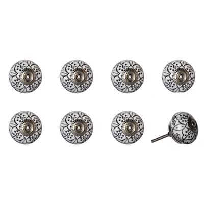 Set of 8 Hand-Painted Black & White Floral Ceramic Cabinet Knobs Traditional Artisan Drawer Pulls with Metal Base