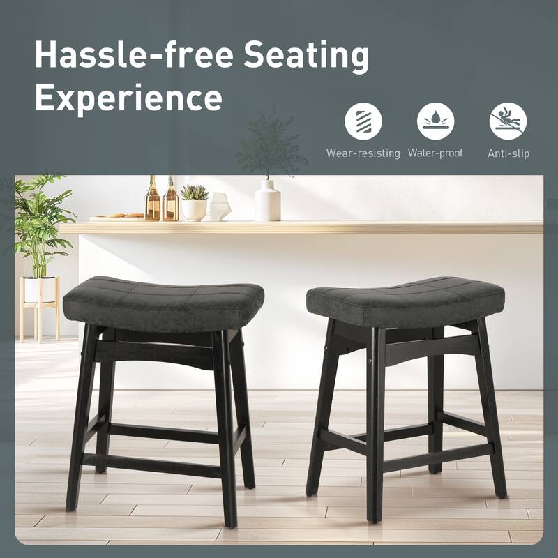 24 Inch Solid Wood Barstools with Linen / PU Leather Fabric Cushion, Set of 2