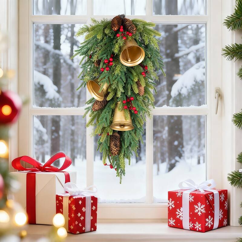 Glitzhome Christmas Berry Bow Pinecone Bell Holy Leaf Teardrop Swag Xmas Wreath