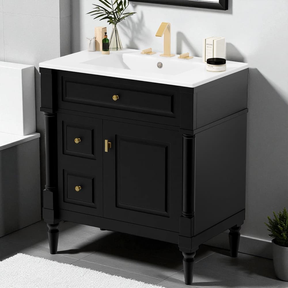 30" Freestanding Bathroom Vanity with Ceramic Sink, Solid Rubberwood Frame, Flip Drawer & Adjustable Shelf