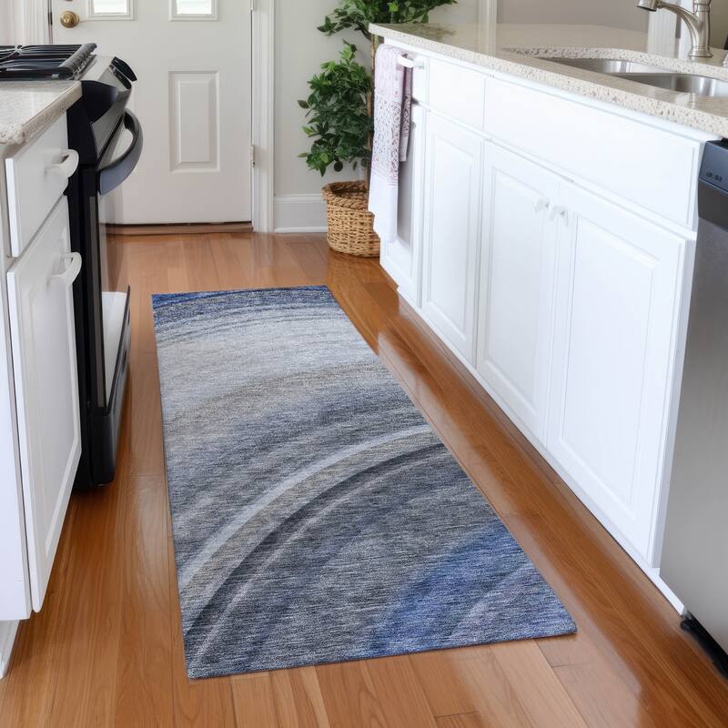Machine Washable Indoor/ Outdoor Chantille Abstract Wave Rug - Blue - 2'3" x 7'6"