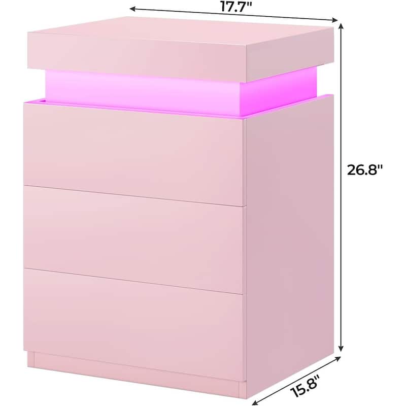 Bedroom Nightstand Charging Station LED Lights Sliding Top 3 Drawers