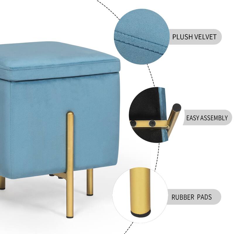 Adeco Square Velvet Storage Ottoman Multi-Function Vanity Footstool