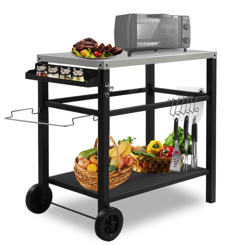 Outdoor Grill Cart Movable BBQ Trolley Food Prep Cart with Two Wheels & Hooks