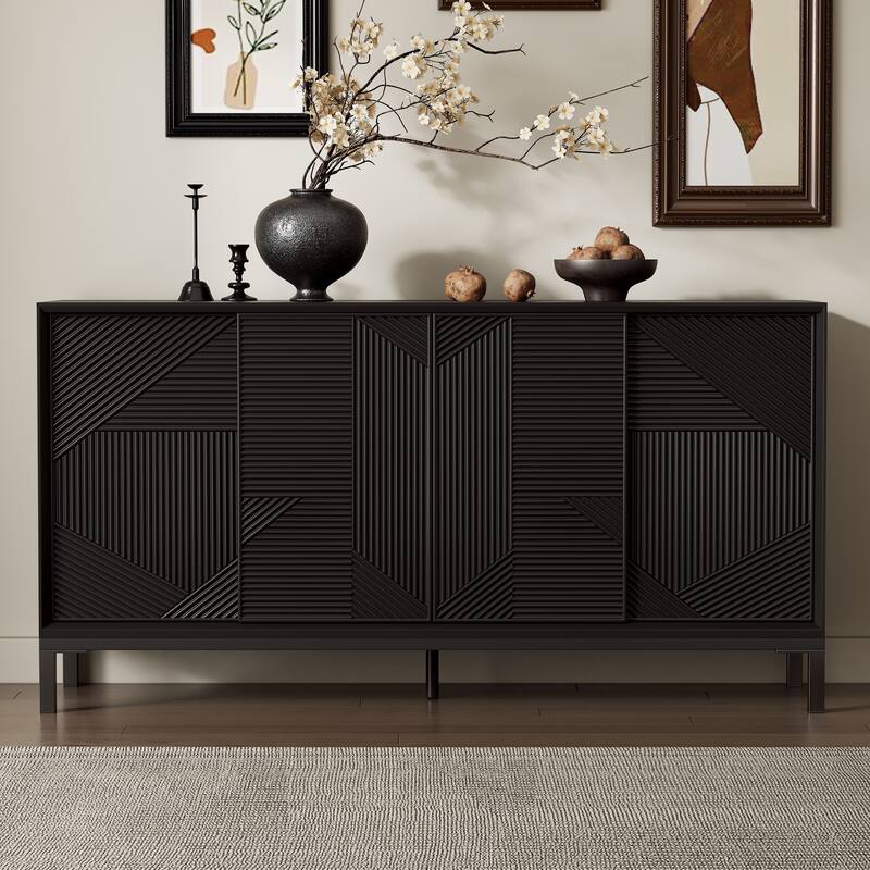 Modern Wood Geometric Accent Cabinet, 60" Vertical Striped Entryway Console Table with 4 Sliding Doors and 2 Drawers