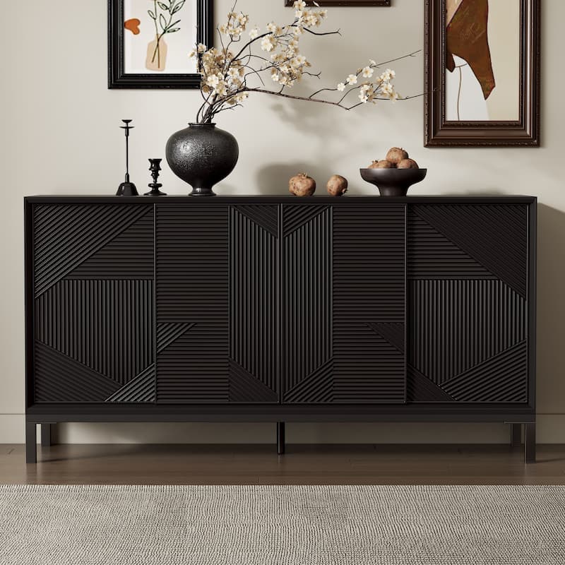 Roomfitters Modern Geometric Accent Cabinet with Sliding Doors, Vertical Striped Design, Ample Storage, Black - Black