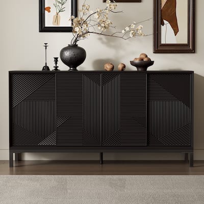 Roomfitters Modern Geometric Accent Cabinet with Sliding Doors, Vertical Striped Design, Ample Storage, Black