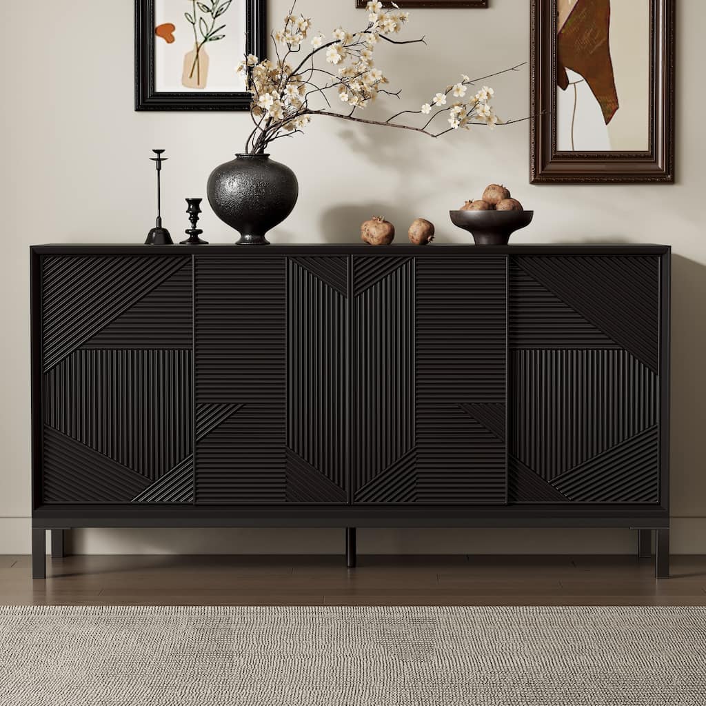 Roomfitters Modern Geometric Accent Cabinet with Sliding Doors, Vertical Striped Design, Ample Storage, Black