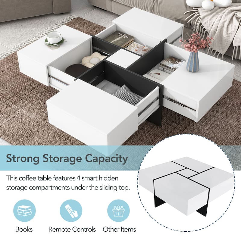 Roomfitters Square Coffee Table with Hidden Storage, Modern High Gloss Center Table with Extendable Sliding Top