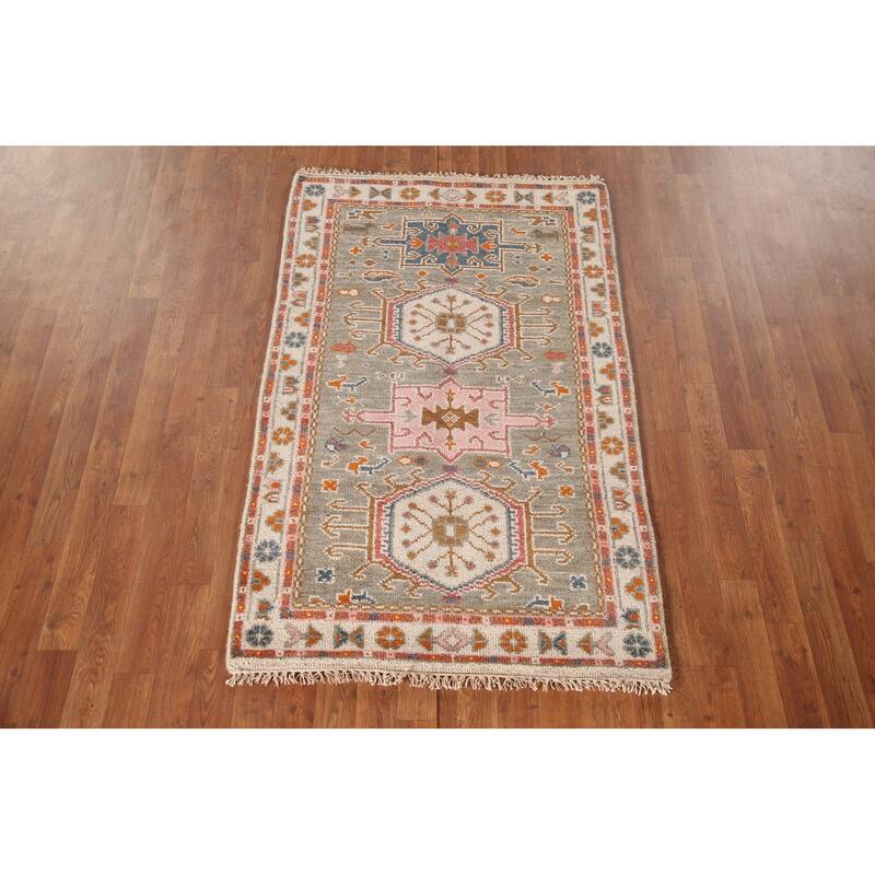 Geometric Grey Kazak Accent Rug Handmade Traditional Wool Carpet - 3'1"x 5'0"