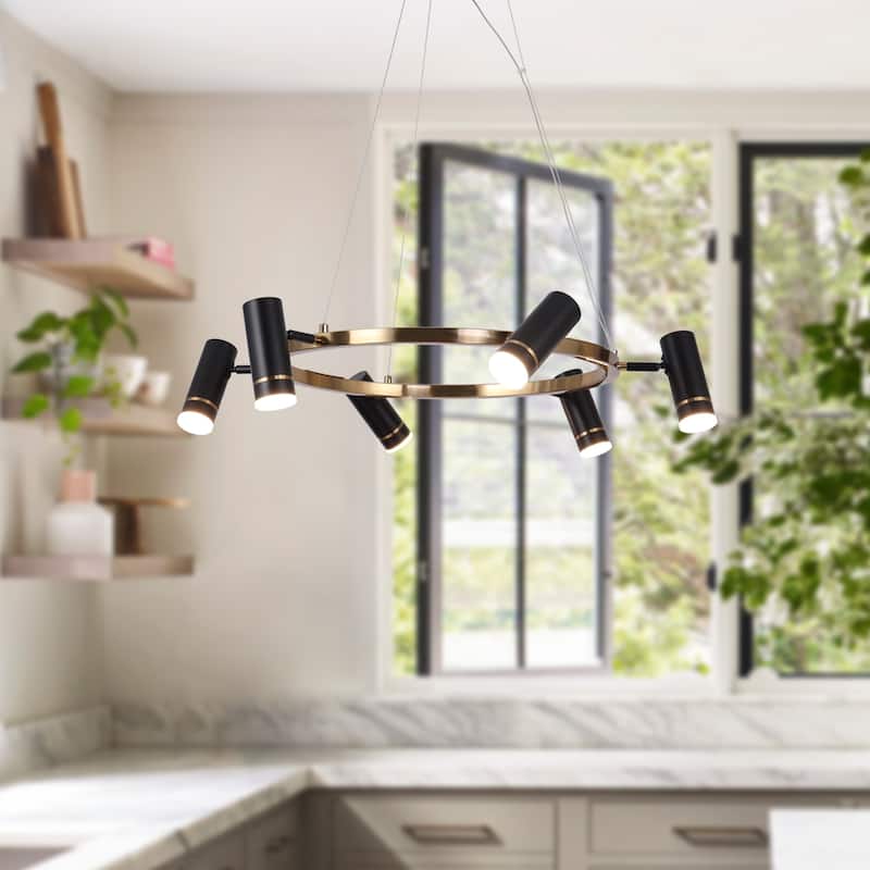 Modern 6-Light Black LED Chandelier Wagon Wheel Pendant Lights for Dining Room - 31.5 "