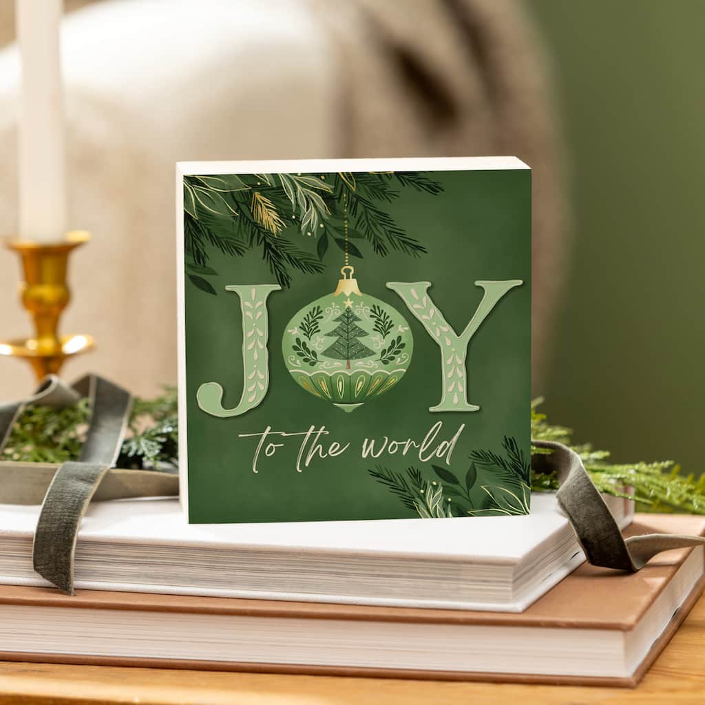 Shades of Green Sign Wood Block -" Joy To The World" - 6" x 6" - Multicolor