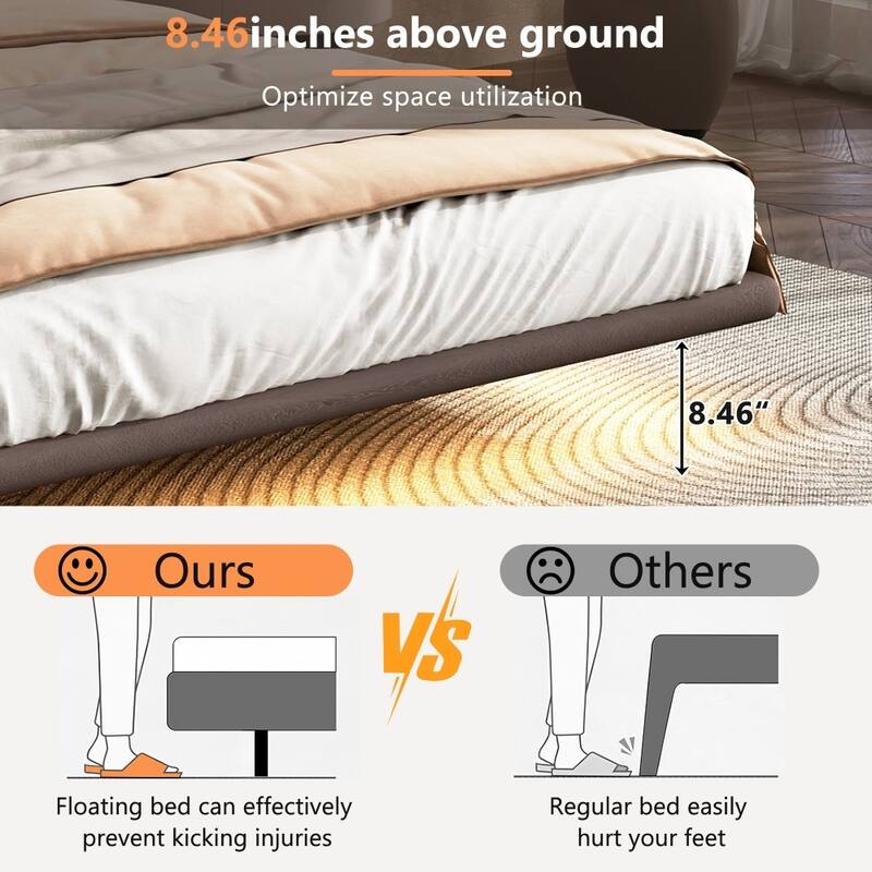 Modern PU Leather Platform Floating Bed with LED Light