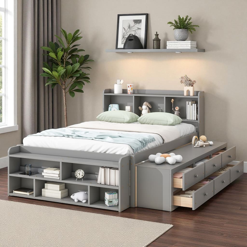 Full Size Wooden Storage Bed with Bookcase Headboard, 6 Drawers, and Bed-End Storage Case