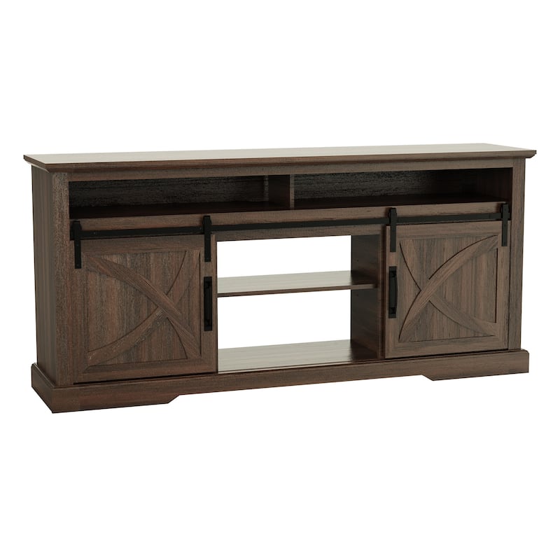 68" Walnut Sliding Barn Door TV Stand Console with Storage Open Compartment
