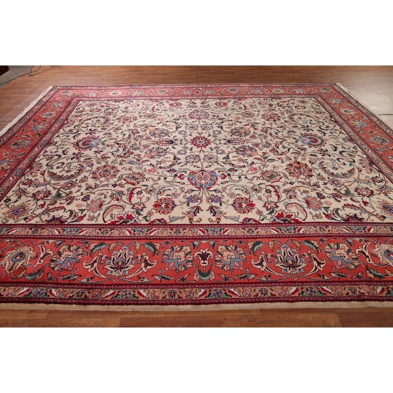 Signed Sarouk Vintage Persian Area Rug Handmade Wool Carpet - 9'10" x 12'6"