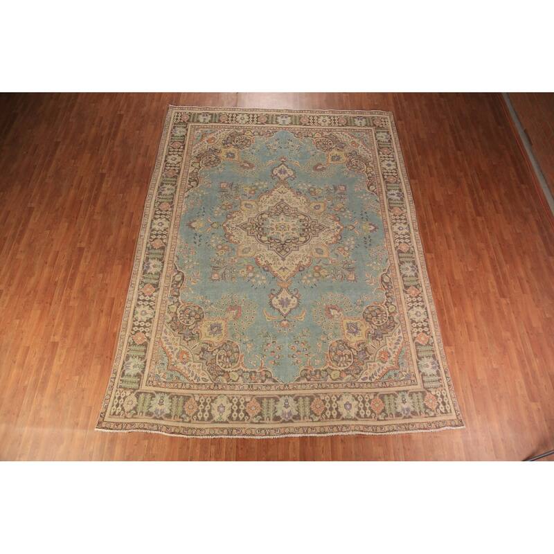 Light Blue Medallion Tabriz Persian Rug Handmade Wool Carpet - 9'7"x 12'10"