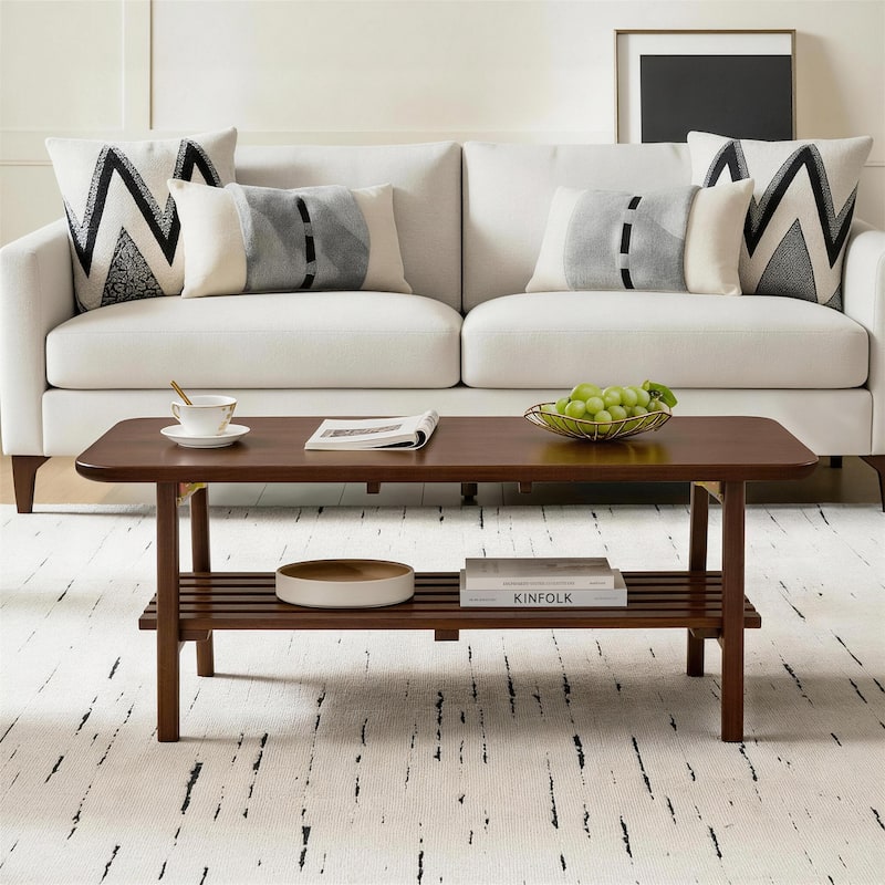 Wooden Coffee Table with Storage Shelf, Mid-Century Rectangular Center Table for Living Room,Walnut Brown