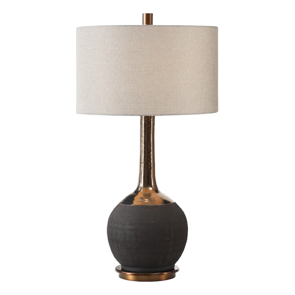 Hand Scored Ceramic Base Table Lamp with Gray Drum Shade - 32" - Black