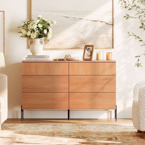 slide 2 of 6, WAMPAT 6 Drawer Baby Dresser For Bedroom, Double Chest Of Drawers For Kids With Minimalist Reeded Design Mocha