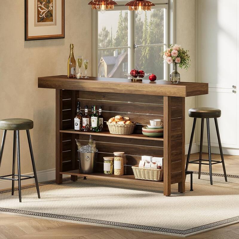 63" Industrial 3-Tier Bar Table, Wooden Rectangular Home Bar Unite for Home Kitchen, Living Room