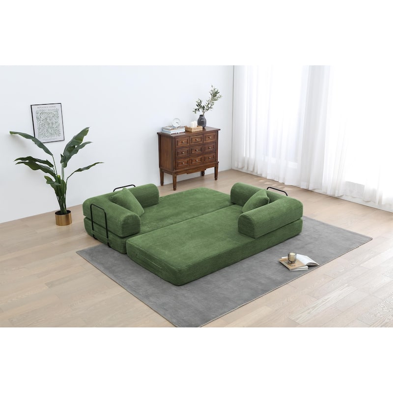 Convertible Sleeper Sofa Bed Corduroy Folding with Cylindrical Pillow Living Room