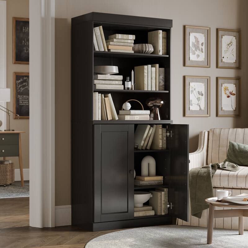 Palace Imports Solid Wood 6-Shelf Bookcase, Raised Panel Doors, Adjustable Shelves - Black