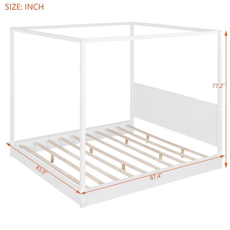 Queen/King White Wood Canopy Platform Bed with LED Lights and Slats, Modern Bedroom Frame No Box Spring Needed