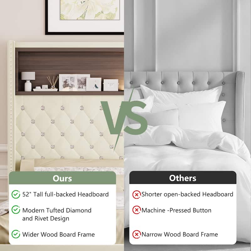 Full/Queen Velvet Tufted Bed Frame with 52" Wingback Headboard, USB Port, Night Light, Rivet Trim & Headboard Shelf