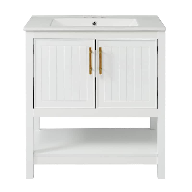 30-Inch Bathroom Vanity with Ceramic Sink, Gold Handles & Storage Shelves - Elegant Space-Saving Design