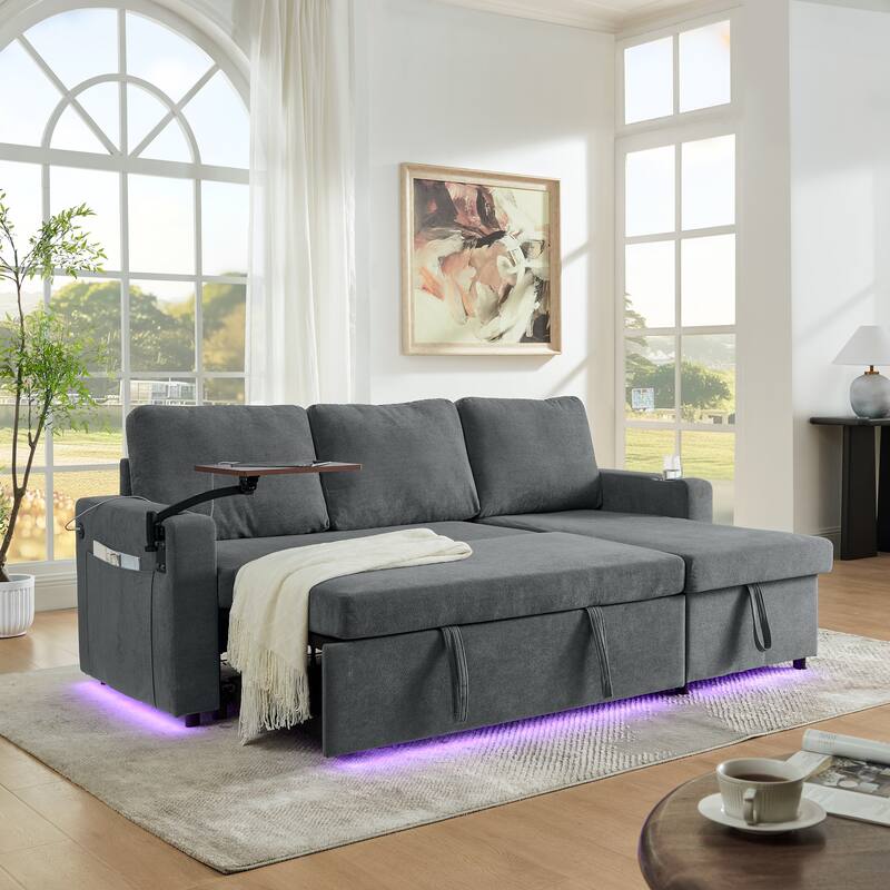 Pull Out Sleeper Sofa Bed Chenille L-shaped Sectional Couch with Storage Chaise, Retractable Table, LED, USB and Cup Holders