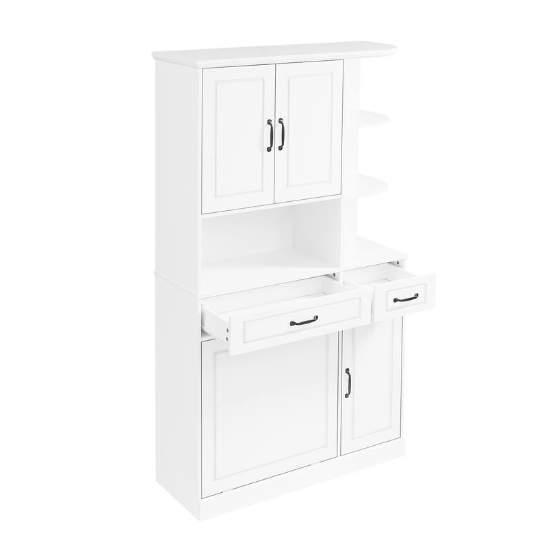 Roomfitters 70" Tall Storage Cabinet with Tilt-Out Hamper, 3 Drawers & Open Shelving, Modern MDF Linen Tower, White