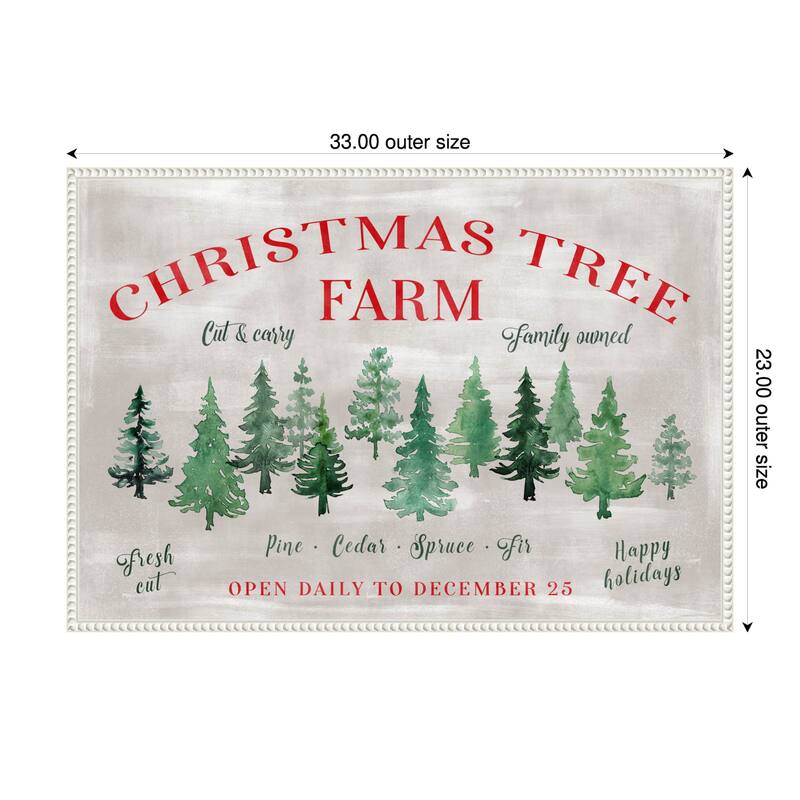 Christmas Tree Farm Sign by Rosana Laiz Blursbyai Framed Canvas Wall Art Print - Sylvie Beaded White - 33 x 23 in